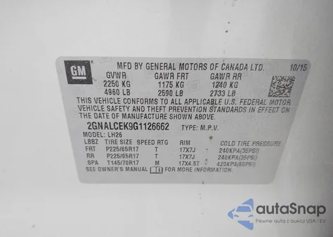 2016 Chevrolet Equinox Lt from USA, damaged, VIN 2GNALCEK9G1126662